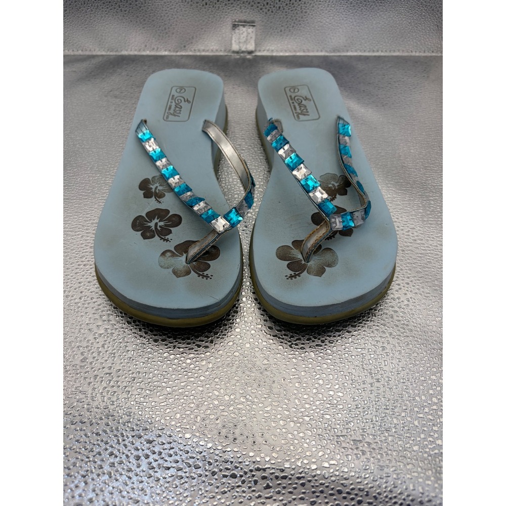 Easy Womens Light Blue Rhinestone Platform Flip Flops Hibiscus Flower Sandals 7